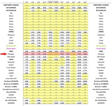Horario de autobús Valencia-Alicante con parada en Pedreguer de lunes a viernes