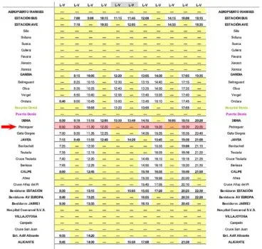 Horario de autobús Valencia-Alicante con parada en Pedreguer de lunes a viernes