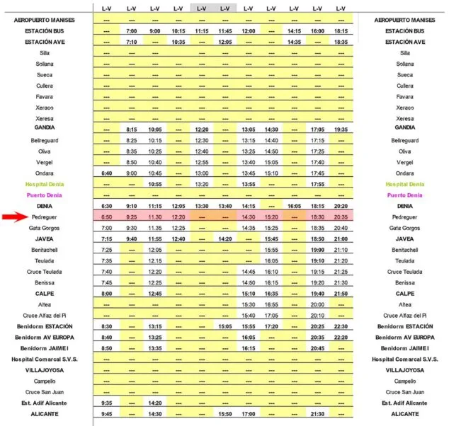 Autobuses en Pedreguer: horarios, parada y tarifas 12 Imagen: Horario de autobús Valencia-Alicante con parada en Pedreguer de lunes a viernes