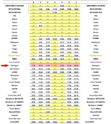Horario de autobús Valencia-Alicante con parada en Pedreguer el sábado