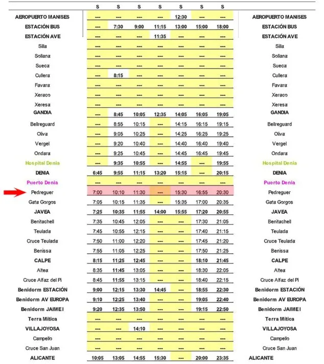 Autobuses en Pedreguer: horarios, parada y tarifas 13 Imagen: Horario de autobús Valencia-Alicante con parada en Pedreguer el sábado