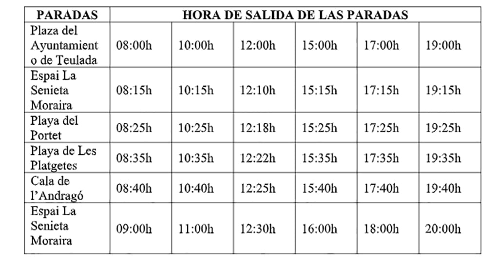 Horario y paradas bus gratuito de verano Teulada Moraira