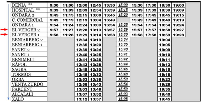 Autobús comarcal en El Verger hacia Xaló entre semana