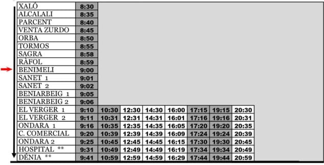 Imagen: Autobús dirección Dénia con parada en Benimeli el sábado