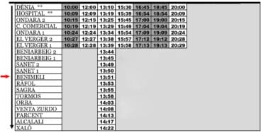 Autobús dirección Xaló con parada en Benimeli el sábado