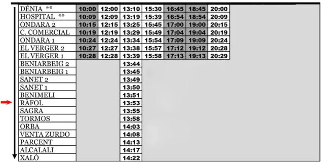 Imagen: Horario de autobús de vuelta al Ràfol d'Almúnia el sábado