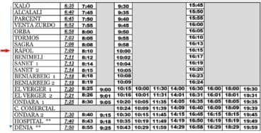 Horario de ida en dirección a Dénia desde el Ràfol d’Almúnia de lunes a viernes