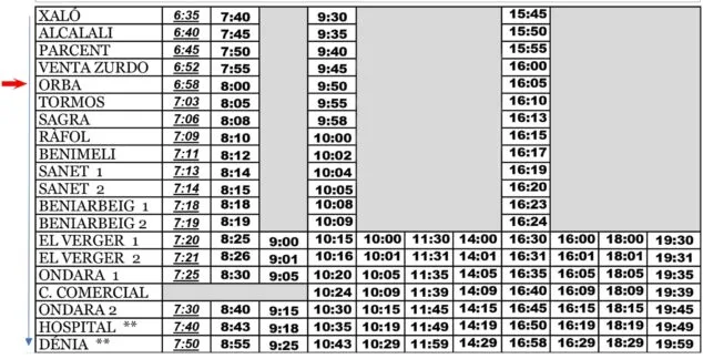 Imagen: Autobús Carrió de lunes a viernes desde Orba hasta Dénia