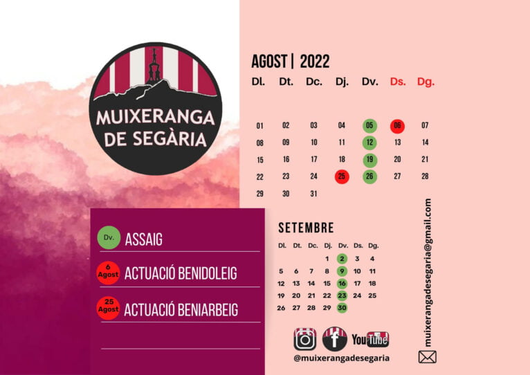 Calendario de la Muixeranga de Segària para agosto y septiembre 2022