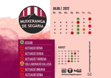 Calendario de la Muixeranga de Segària para julio y agosto 2022