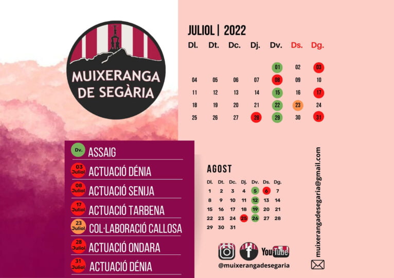 Calendrier de la Muixeranga de Segària pour juillet et août 2022