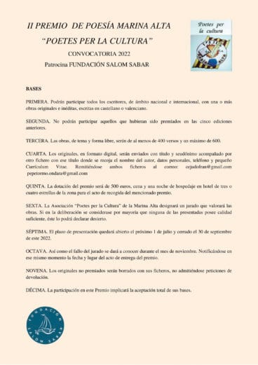 Cartel de las bases del concurso de Poesía Marina Alta