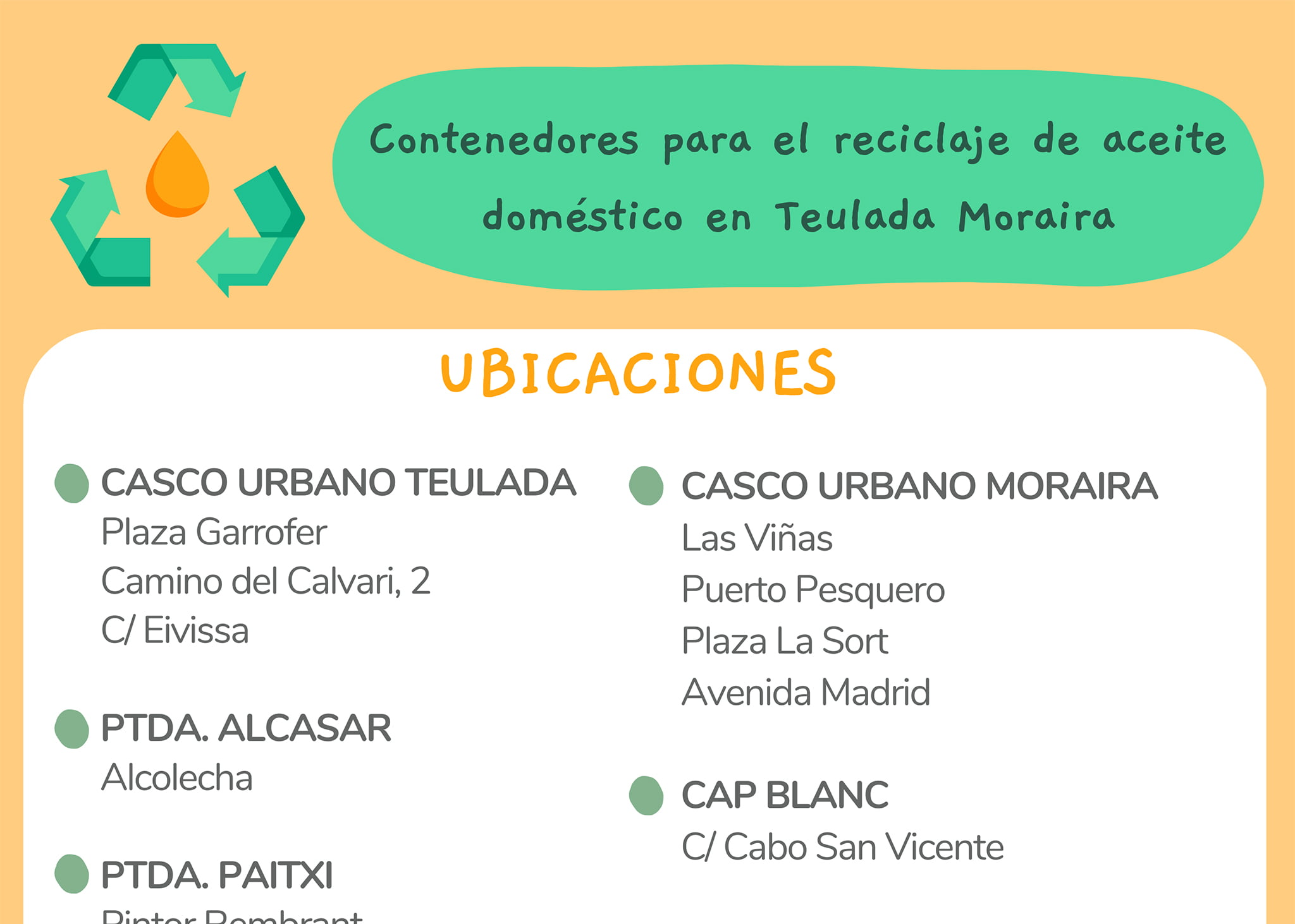 Cartel de reciclaje de aceite doméstico en Teulada-Moraira