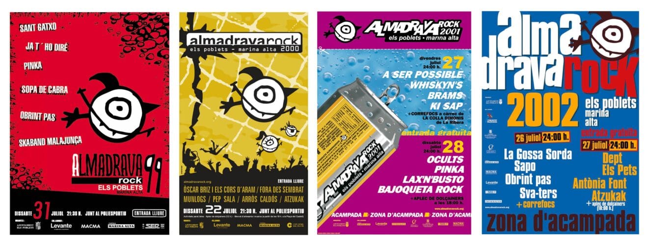 Carteles del Almadrava Rock del 1999 al 2002 diseñados por el estudio La Banyera (Xàbia) - Primavera Musical de la U.A.
