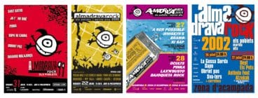 Carteles del Almadrava Rock del 1999 al 2002 diseñados por el estudio La Banyera (Xàbia) – Primavera Musical de la U.A.