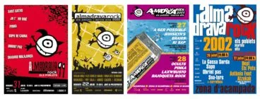 Carteles del Almadrava Rock del 1999 al 2002 diseñados por el estudio La Banyera (Xàbia) – Primavera Musical de la U.A.