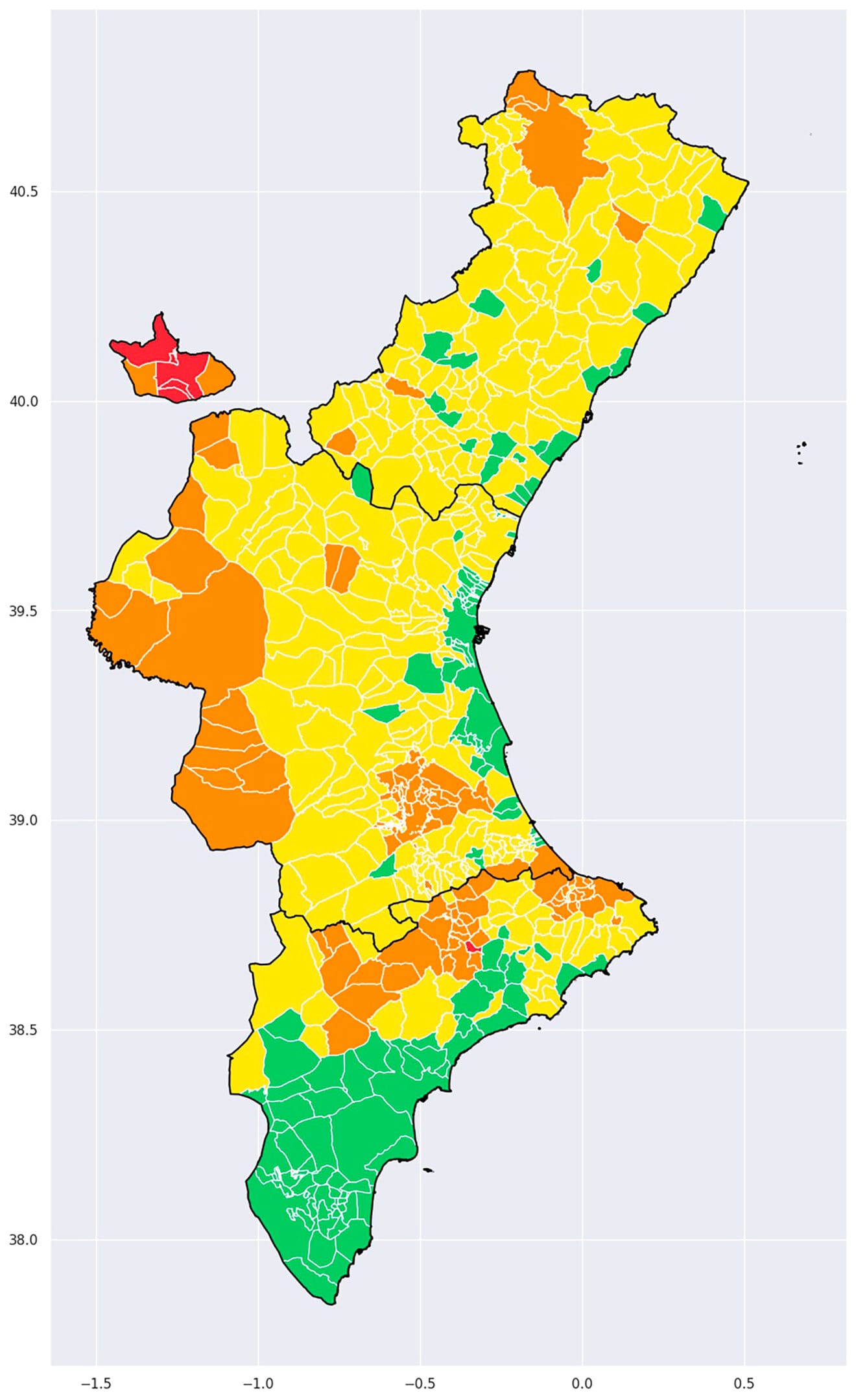Mapa de riesgo por temperaturas máximas en la Comunitat el lunes 4 de julio