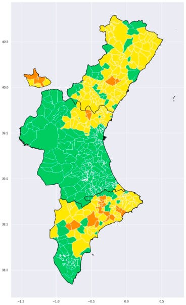 Mapa de riesgo por temperaturas máximas en la Comunitat el martes 5 de julio