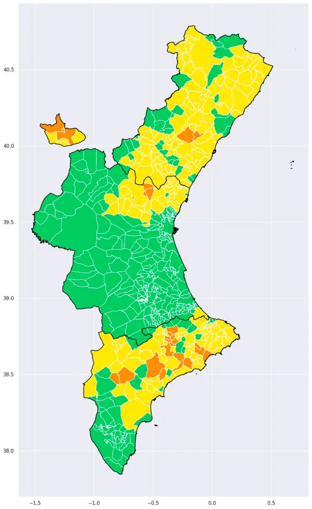 Sanitat activa la alerta por riesgo de altas temperaturas en varios municipios de la Marina Alta 3 mapa de riesgo por temperaturas maximas en la comunitat el martes 5 de julio