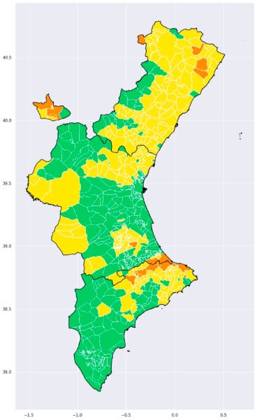 Mapa de riesgo por temperaturas máximas en la Comunitat el miércoles 6 de julio