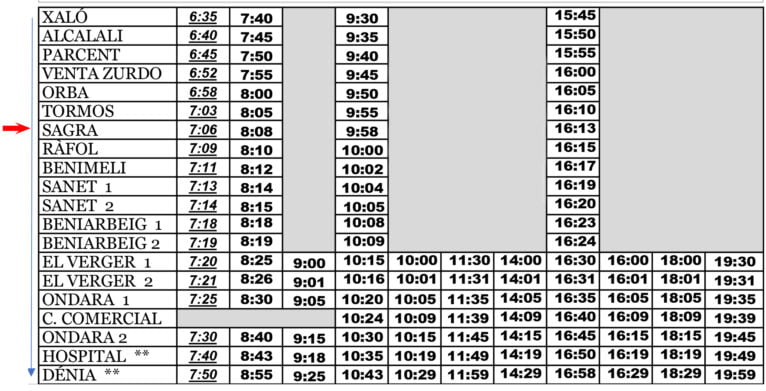 Autobús dirección Dénia entre semana con parada en Sagra