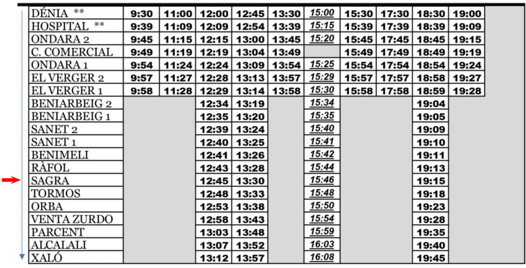 Autobús dirección Xaló con parada en Sagra entre semana