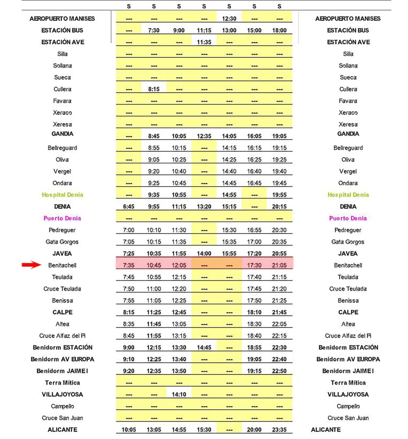Autobús hacia Alicante con parada en Benitatxell el sábado