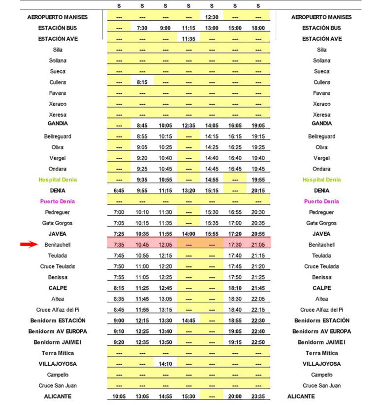 Autobús hacia Alicante con parada en Benitatxell el sábado