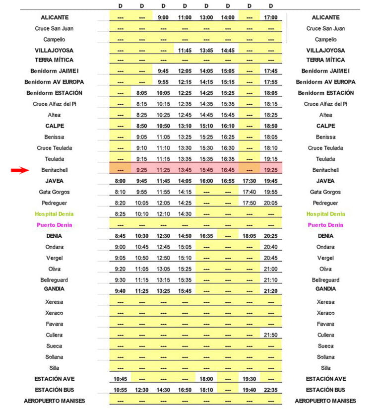 Autobús hacia Valencia con parada en Benitatxell el domingo
