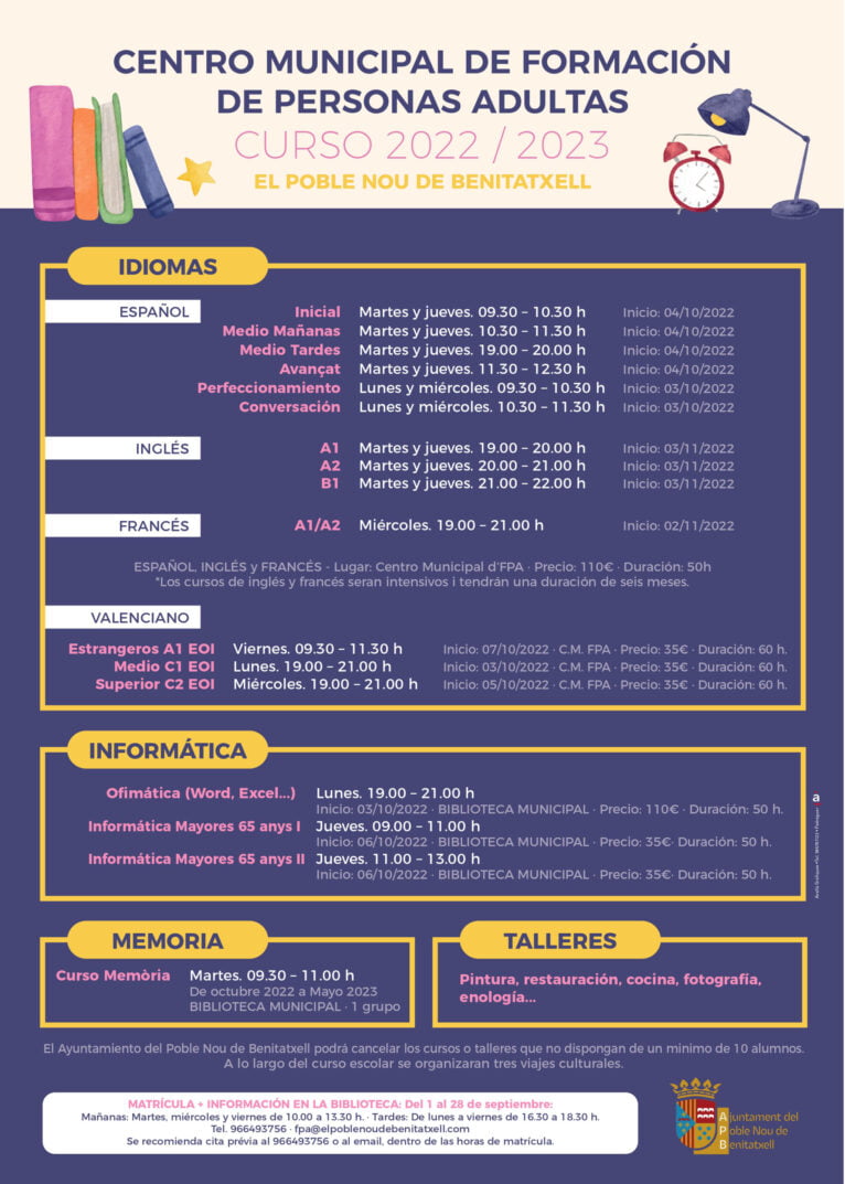Cartel de cursos y talleres de la Ecuela de Personas Adultas de Benitatxell (versión en castellano)