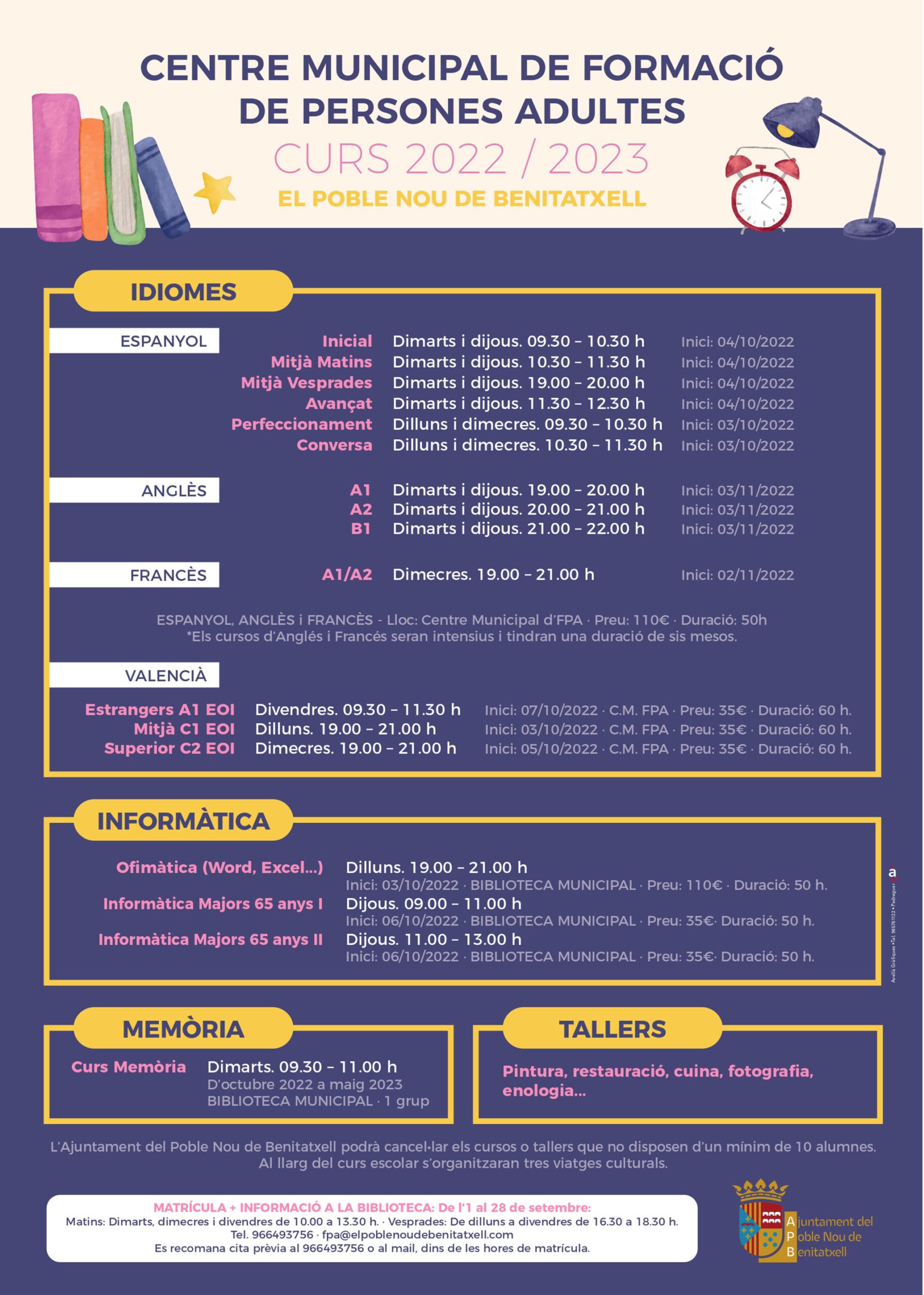 Cartel de cursos y talleres de la Ecuela de Personas Adultas de Benitatxell (versión en valenciano)