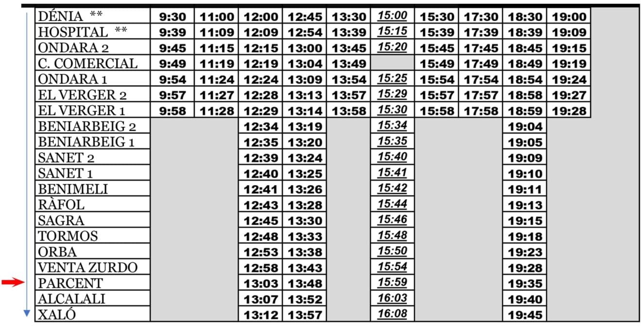 Horario de autobús desde Dénia a Parcent entre semana