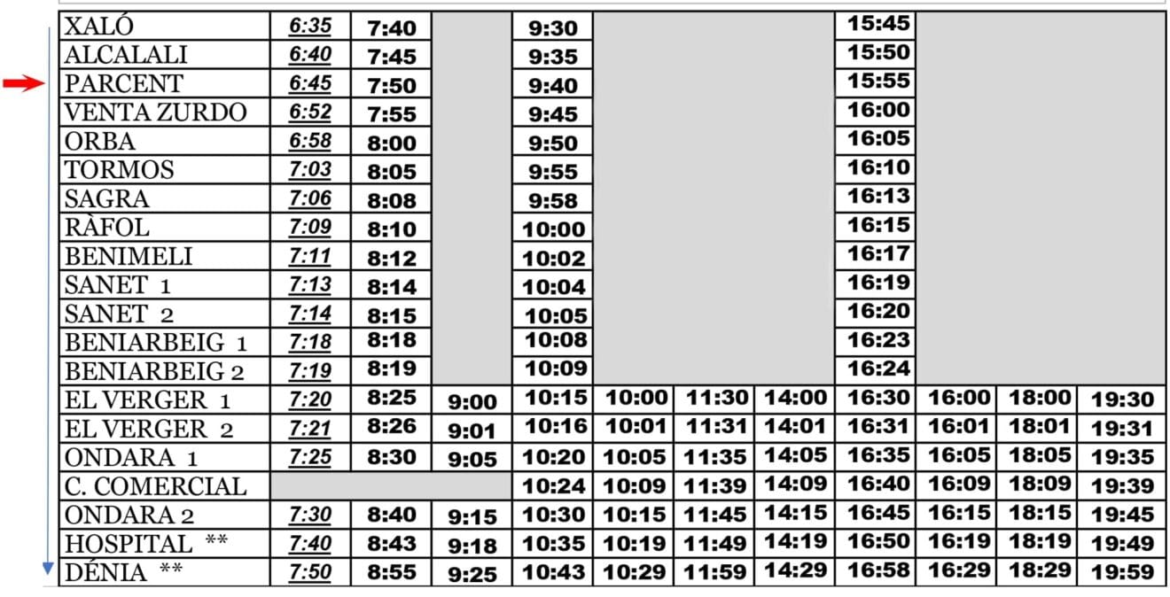 Horario de autobús urbano a Parcent desde Xaló de lunes a viernes