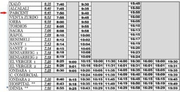 Horario de autobús urbano a Parcent desde Xaló de lunes a viernes