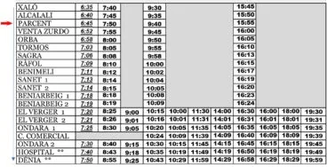 Horario de autobús urbano a Parcent desde Xaló de lunes a viernes