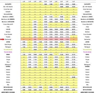 Horarios de autobús hacia Valencia con parada en Benitatxell de lunes a viernes