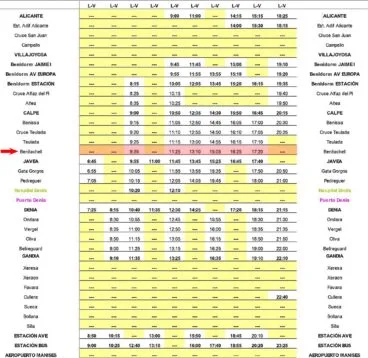 Horarios de autobús hacia Valencia con parada en Benitatxell de lunes a viernes