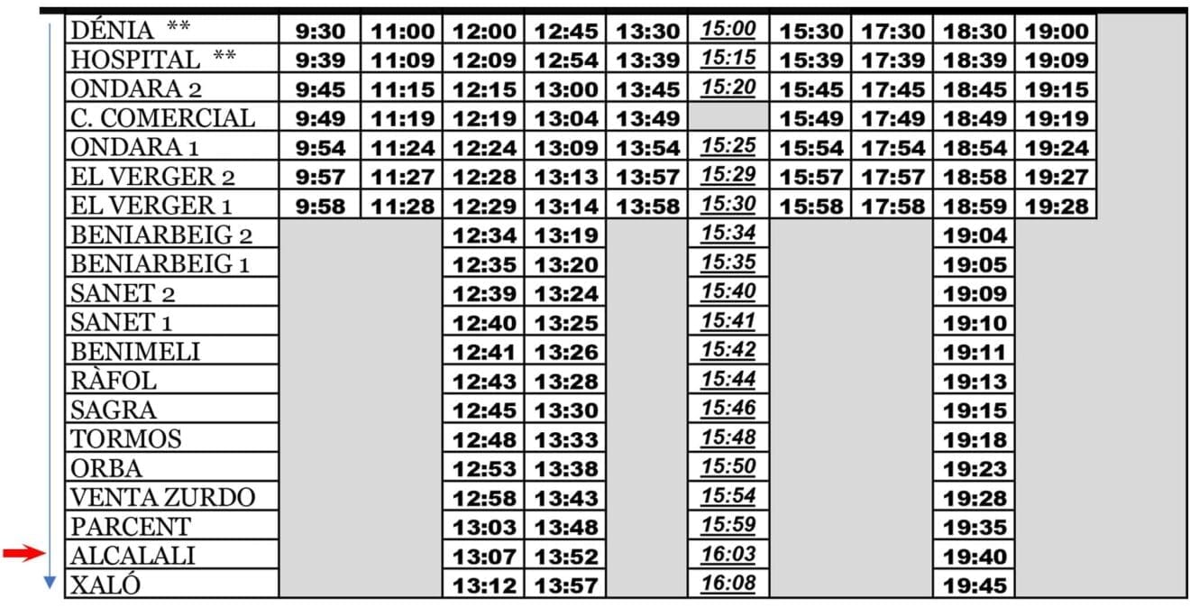 Autobús desde Dénia a Alcalalí entre semana