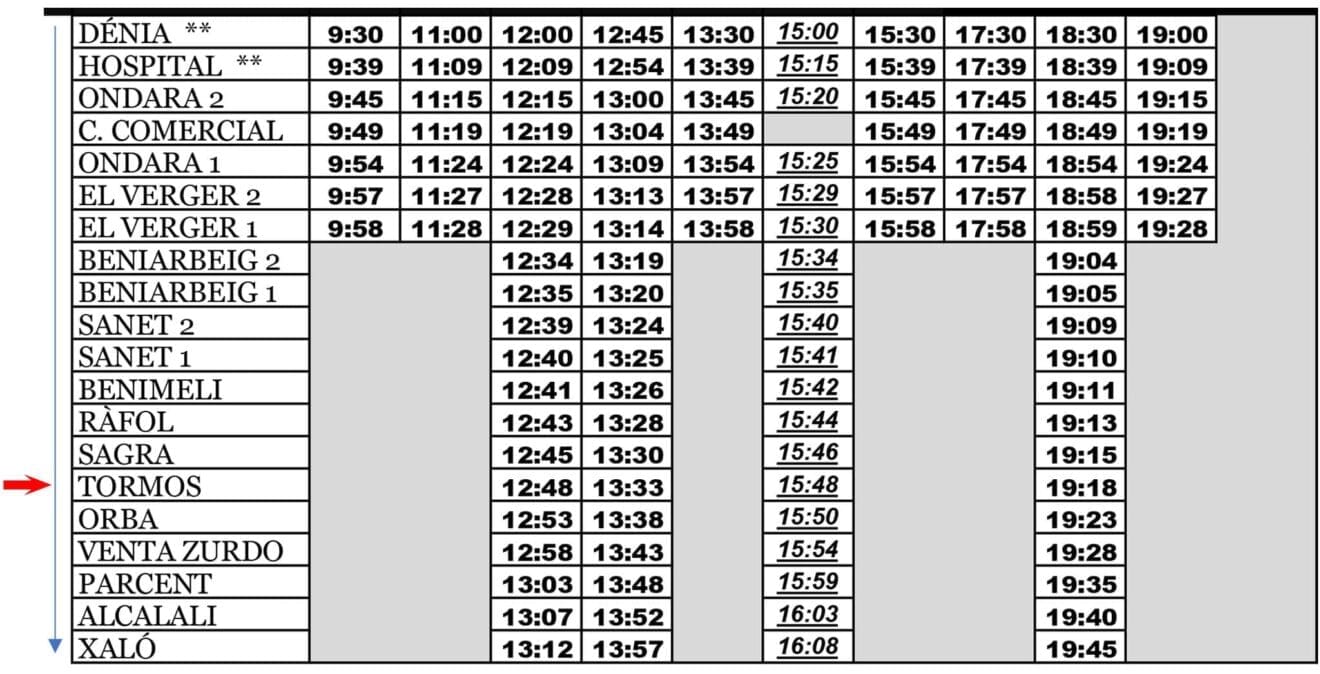 Autobús desde Dénia a Tormos de lunes a viernes