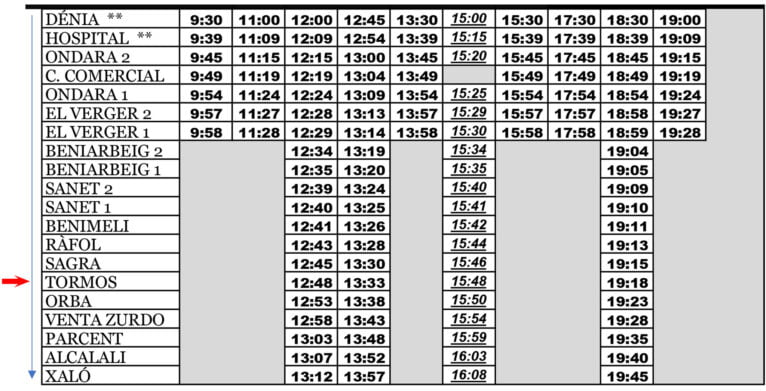Autobús desde Dénia a Tormos de lunes a viernes