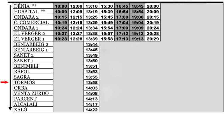 Autobús desde Dénia a Tormos el sábado