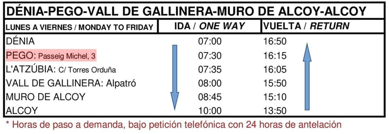 Horario de autobús de Dénia a Alcoy con parada en Pego