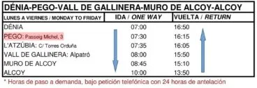 Horario de autobús de Dénia a Alcoy con parada en Pego