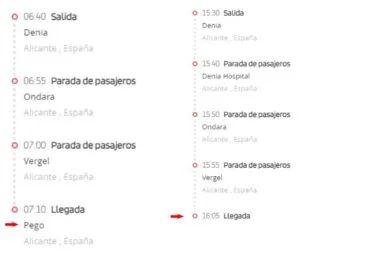 Horario de autobús desde Dénia a Pego – Alsa