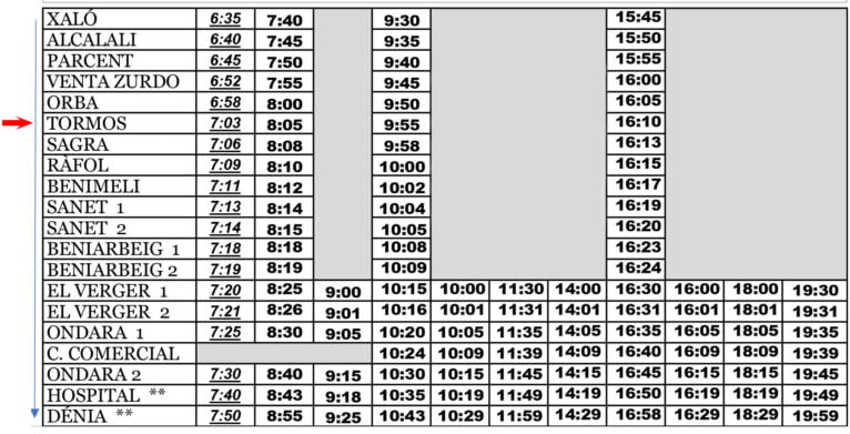 Horario de autobús desde Tormos a Dénia entre semana