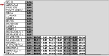 Horario de autobús urbano desde Alcalalí a Dénia el sábado