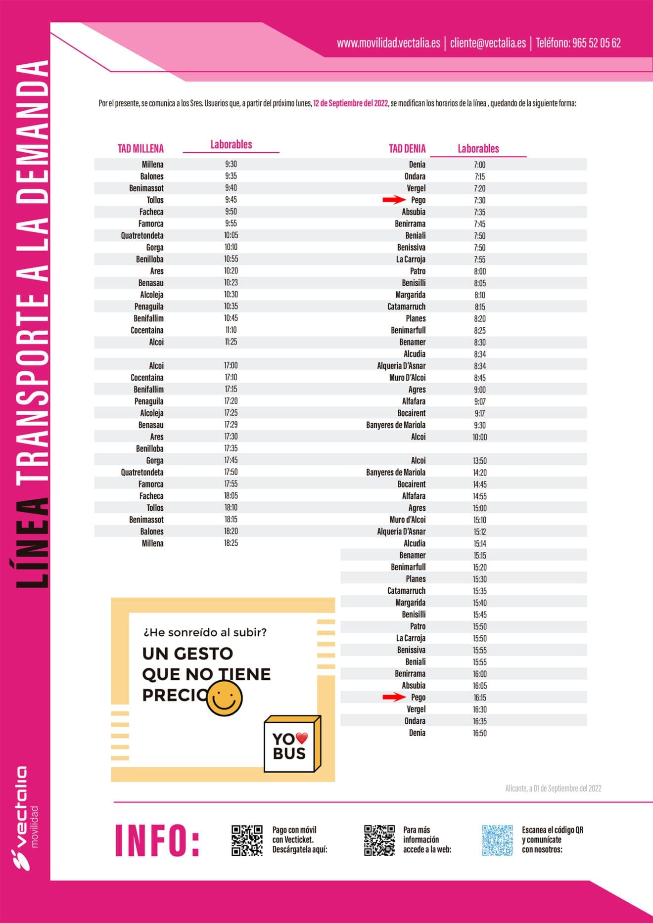 Horarios de autobús a demanda desde Dénia a Alcoy con parada en Pego