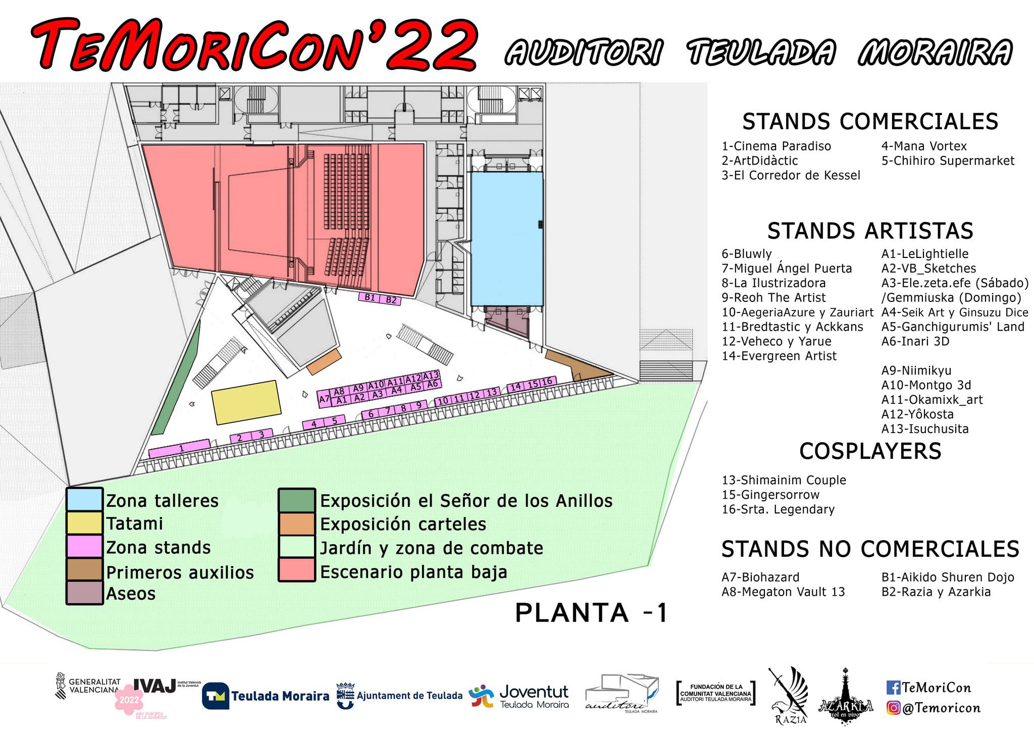 Plano de stands y artistas del TeMoriCon 2022 en la planta 1 del Auditori de Teulada-Moraira