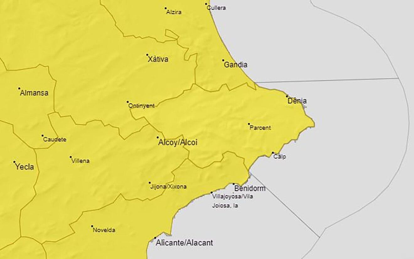 Aviso amarillo por lluvia y tormenta en la Marina Alta el lunes 10 de octubre