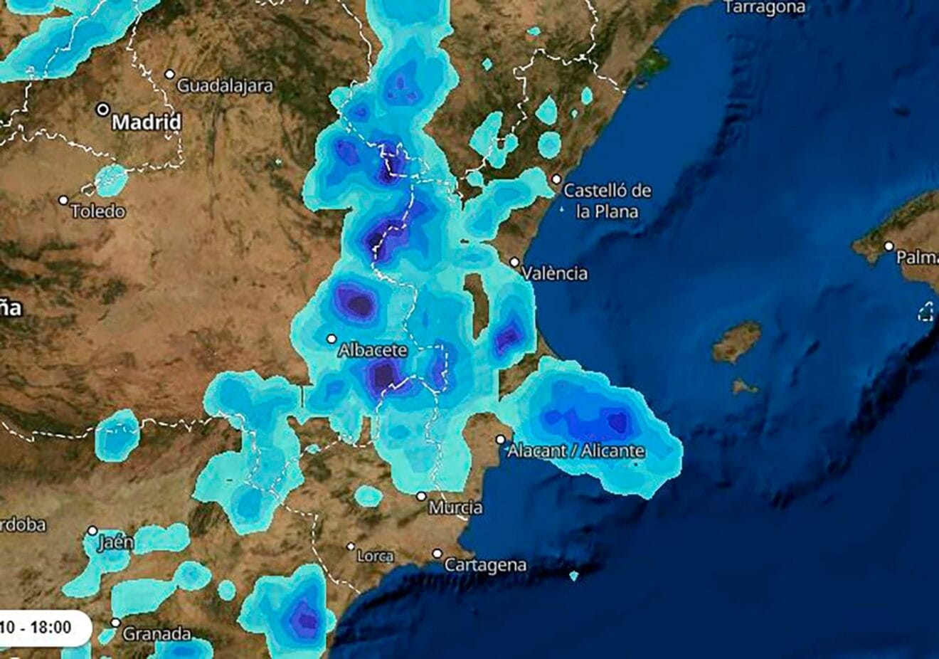 Predicción de lluvia de Meteored para las 18.00 h del lunes 10 de octubre